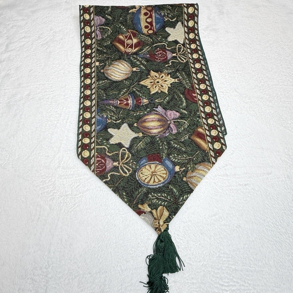 Christmas Table Runner 14x52 Tapestry Ornaments Tassels Traditional Holiday